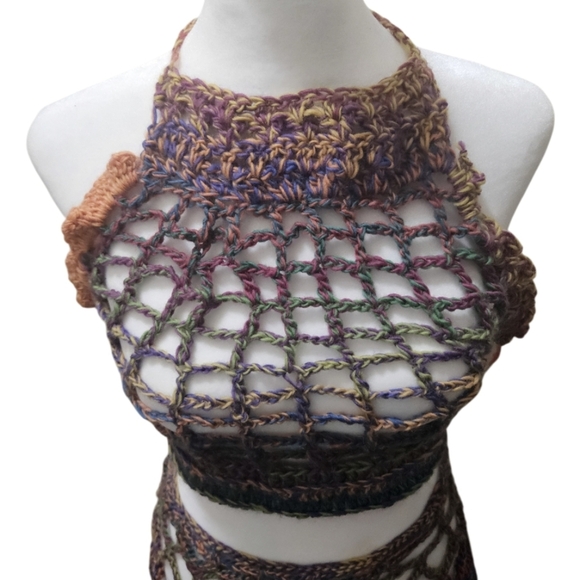 Handmade Crochet Swim Cover-up Fishnet Design Multicolor Rainbow Halter Crop-Top - Picture 12 of 17